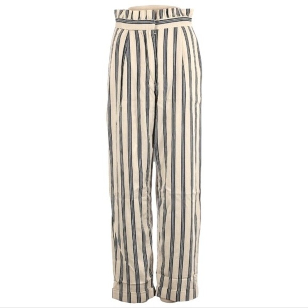 Topshop High Rise Pants Size 4 Cream Blue Striped Paper Bag Waist Straight Leg‎